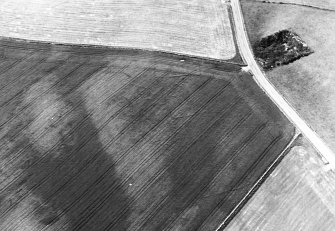 Oblique aerial view centred on the cropmarks of the pit-defined cursus, pits, ring-ditch and enclosure, taken from the SE.