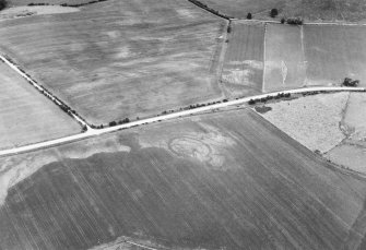 Oblique aerial view centred on the cropmarks of the circular enclosures and possible square barrows, taken from the ESE.