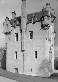 View of Crathes Castle tower from west.