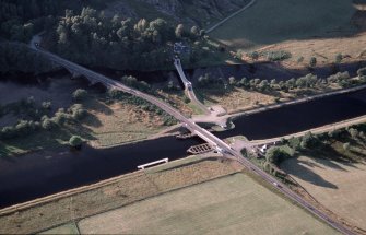 Aerial view of Caledonian Canal at Bridge of Oich, Great Glen, looking WNW.