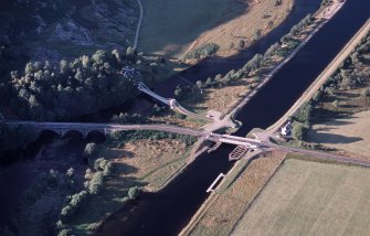 Aerial view of Caledonian canal at Bridge of Oich, Great Glen, looking N.