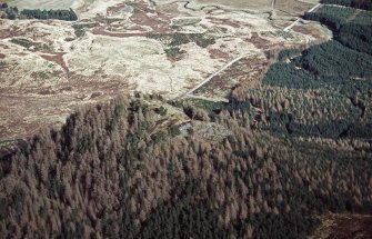Aerial view of Dun da Lamh Fort and part of Strath Mashie Forest, near Laggan, Badenoch & Strathspey, looking ENE.