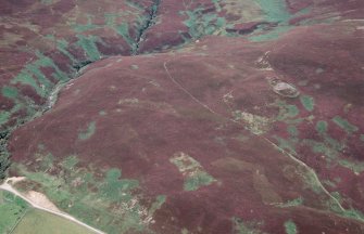 Aerial view of Kilphedir Broch, Cairns and roundhouse settlement, Strath of Kildonan looking NNW.