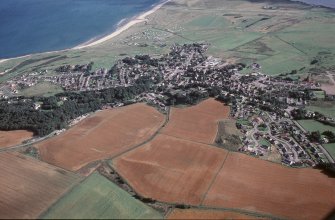 Aerial view of Dornoch and surrounding fields, East Sutherland, looking S.