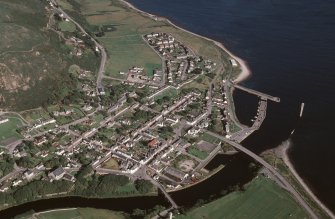 Aerial view of Helmsdale town, river and harbours, East Sutherland, looking ESE.