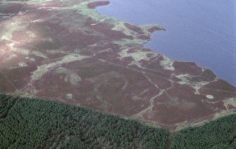 An oblique aerial view of the west shore of Loch Calder, Halkirk, Caithness, looking ENE.