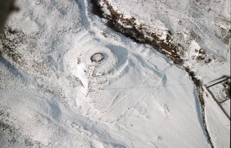 Aerial view of Kilbraur Broch and settlement remains, Strath Brora, East Sutherland, looking W.