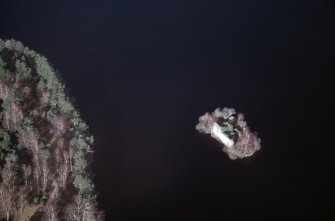 Aerial view of Loch an Eilean Castle, Rothiemurchus, Badenoch & Strathspey, looking NE.