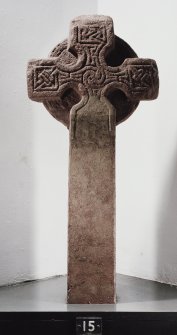 View of face of free-standing cross, (St Vigeans no.15), with restored shaft.