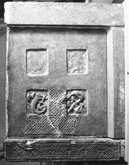 View of fragment of right side-panel of sarcophagus and corner post.
(Corner-posts 1B and 1E)