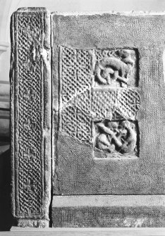 View of right end panel and corner post of sarcophagus.
(Corner-post 1B and panel 1E)