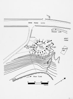 Photographic copy of excavation drawing.
Site plan showing location of trenches and sections.
Publication drawing Transactions of Dumfries and Galloway Natural History and Archaeology Society
57,1982, fig 3