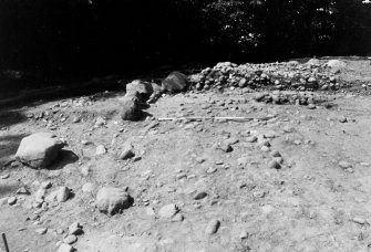 Excavation photograph : SW quadrant showing stones under 019, from south.