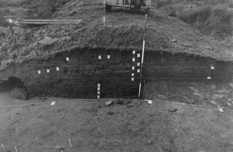 Excavation photographs: Film 3; sections of rampart; circular stone features; excavated pits.