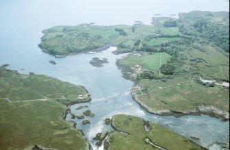 Aerial view of Ulva Ferry crossing, and SE corner of Ulva Island, Isle of Mull, looking S.