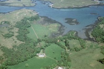 Aerial view of Ulva House with the ferry crossing behind, Isle of Mull, looking NNE.