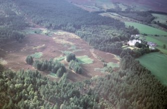 Aerial view of roundhouse and field system Uppat, near Dunrobin, East Sutherland, looking NW.