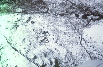 Aerial view of Garbeg barrow cemetery and field system, near Drumnadrochit, Inverness-shire, looking N.
