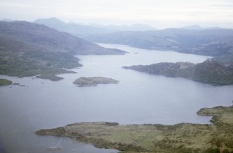 Aerial view of Risga, Oronsay and the mouth of Loch Sunart, Wester Ross, looking E.