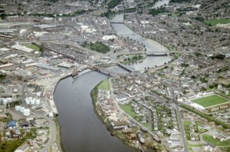 Aerial view of Longman Harbour and bridges over the River Ness, Inverness, looking SSE.