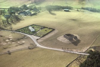 Aerial view of Castle Roy and Abernethy Parish Church, Strathspey, looking W.