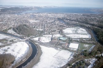 Aerial view of Botanic Gardens and Bught Sports Centre, Inverness, looking NE.