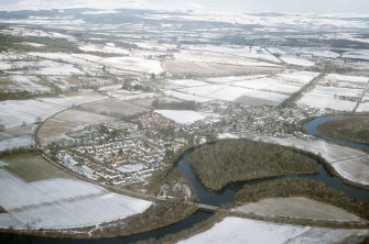 Aerial view of Beauly, and the  railway crossing over the River Beauly, Inverness-shire, looking N.