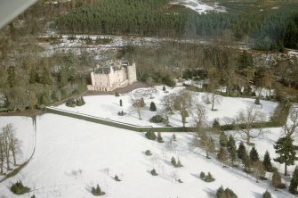 Aerial view of Balnagown Castle and gardens, Kildary, Easter Ross, looking NNE.