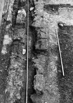Newark Castle
Frame 10 - Trench B: south barmkin wall cut by modern cable - from east
Frame 11 - Trench A, showing walls F8 and F9 abutting south wall of castle; wall F21 partially exposed - from south