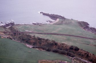 Aerial view of Den of Cowie viaduct, Skatie Shore and Garron Point, near Stonehaven, Aberdeenshire, looking SE.