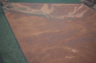 Aerial view of cropmark features of a probable pre-historic settlement, near Stacathro, E of Westside, near Brechin, Angus, looking SW.