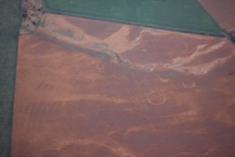 Aerial view of cropmark features of a probable pre-historic settlement, near Stacathro, E of Westside, near Brechin, Angus, looking S.