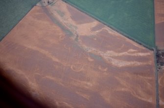 Aerial view of cropmark features of a probable pre-historic settlement, near Stacathro, E of Westside, near Brechin, Angus, looking SE.