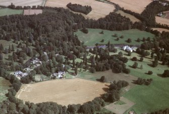 Aerial view of Cortachy House Castle and Gardens, near Forfar, Angus, looking NNE.