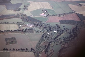 Aerial view of Arbuthnott House and Designed Landscape, near Inverbervie, Aberdeenshire, looking N.