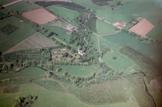 Aerial view of Arbuthnott House and Designed Landscape, Aberdeenshire, looking N.