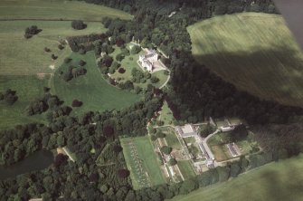 Aerial view of Fyvie Castle, Old Home Farm and Gardens, Aberdeenshire, looking WNW.