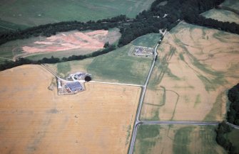 Aerial view of Stracathro Roman Camp and Fort, near Brechin, Angus, looking N.
