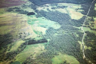 Aerial view of Balacaraig settlement and rig and furrow, Glenmuick, Aberdeenshire, looking SSE.