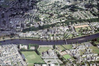 Aerial view of Inverness Cathedral, Eden Court and River Ness, Inverness, looking E.