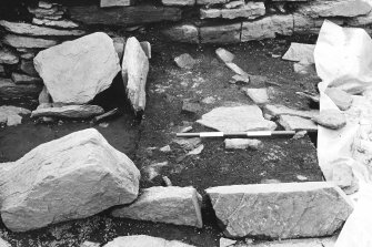 Excavation photograph : trench AH baulk - L357 dark brown silt and hearth L347 to left.

(see MS/682/120 for detailed description)