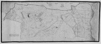 Dalmeny House.
Photographic copy of plan of the lands East of the turnpike. Verso, lands enclosed East of the turnpike road to Crammond Bridge.
Ink. Scale 1 pole to 6 Ells. N.d. and unsigned.
NMRS Survey of Private Collections, Rosebery Drawings.
