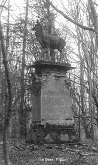 Statue of a stag at unidentified location within the Pitfour Estate, insc. 'The Deer, Pitfour'