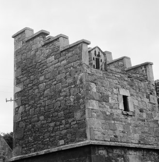 View of upper part of St Clement's Wells dovecot including flight-hole and crowstepped gables.