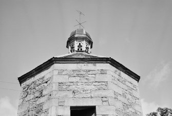 Detail of upper masonry courses and roof, Keith Marischal House dovecot.