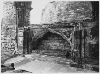 Elgin Cathedral Chapter House Window No 1 + Tomb in St Mary's Aisle.  Effigy Bishop John Pilmore