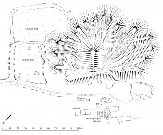 Publication Drawing: Plan of buildings and bing at Lochend pit No 5.  Central Scottish Woodlands Survey.