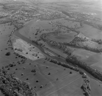 Oblique aerial view centred on the remains of Roxburgh Castle.