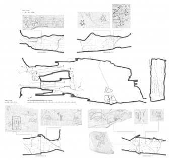 Sculptor's Cave: plan, cross section and sectional elevations A-A1, B-B1, C-C1 and D-D1 at scale 1:100. The cross sections show the locations of the details at 1:10