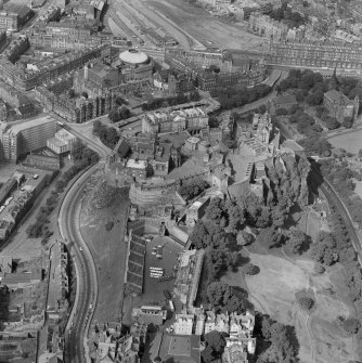 Oblique aerial view showing Edinburgh Castle, the Usher Hall and former station offices on Lothian Road, Edinburgh.